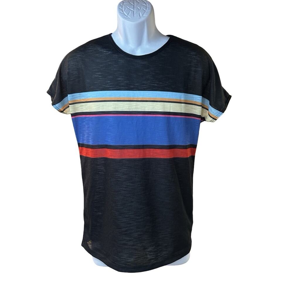 Rufskin Men’s Semi Sheer Tee Black Multicolor Stripe Lightweight Size Small